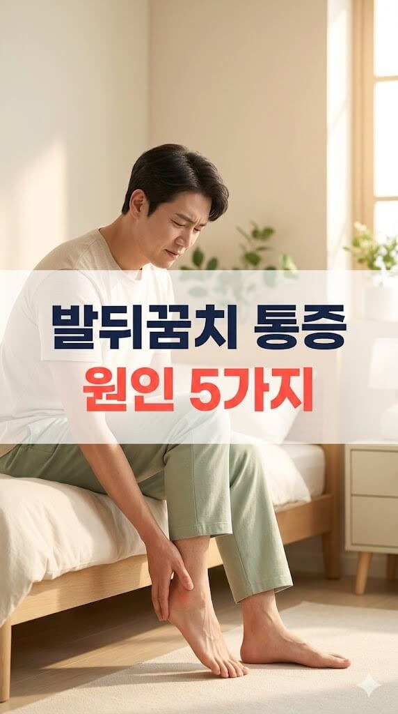 발뒤꿈치 통증으로 아침에 일어나 고통스러운 표정을 짓고 있는 남성의 모습