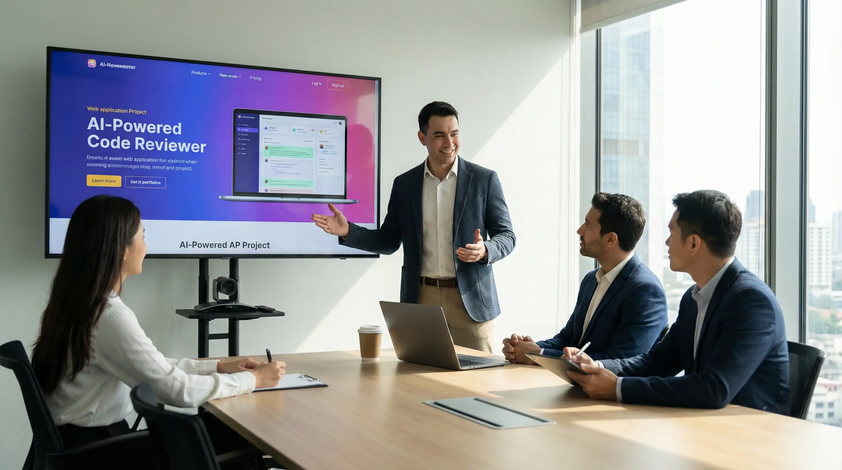 면접관 앞에서 자신의 포트폴리오 프로젝트를 자신감 있게 발표하고 있는 개발자의 모습