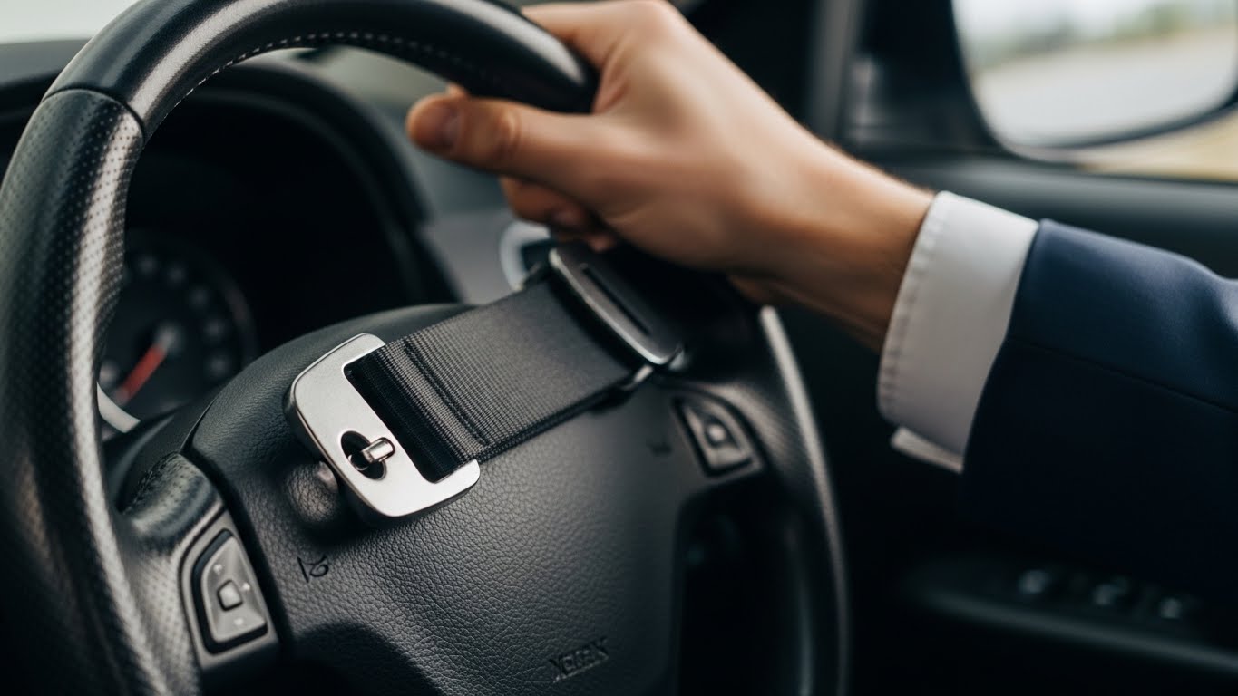 운전 시작 전 안전벨트를 단단히 착용하고 핸들을 잡은 운전자의 신뢰감 있는 손