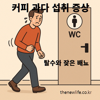 커피 과다 섭취로 화장실 앞에서 배뇨를 참기 힘들어하는 남성 일러스트