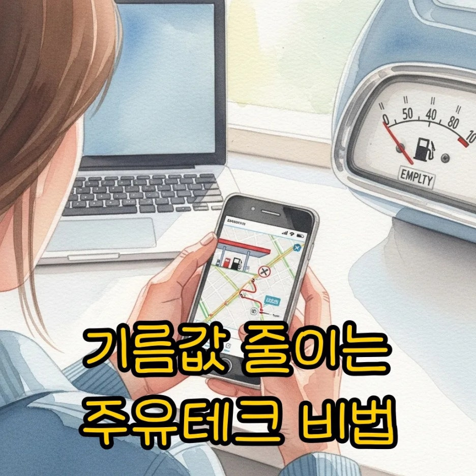 주유소 가격을 확인하는 모습과 노트북이 어우러진 풍경