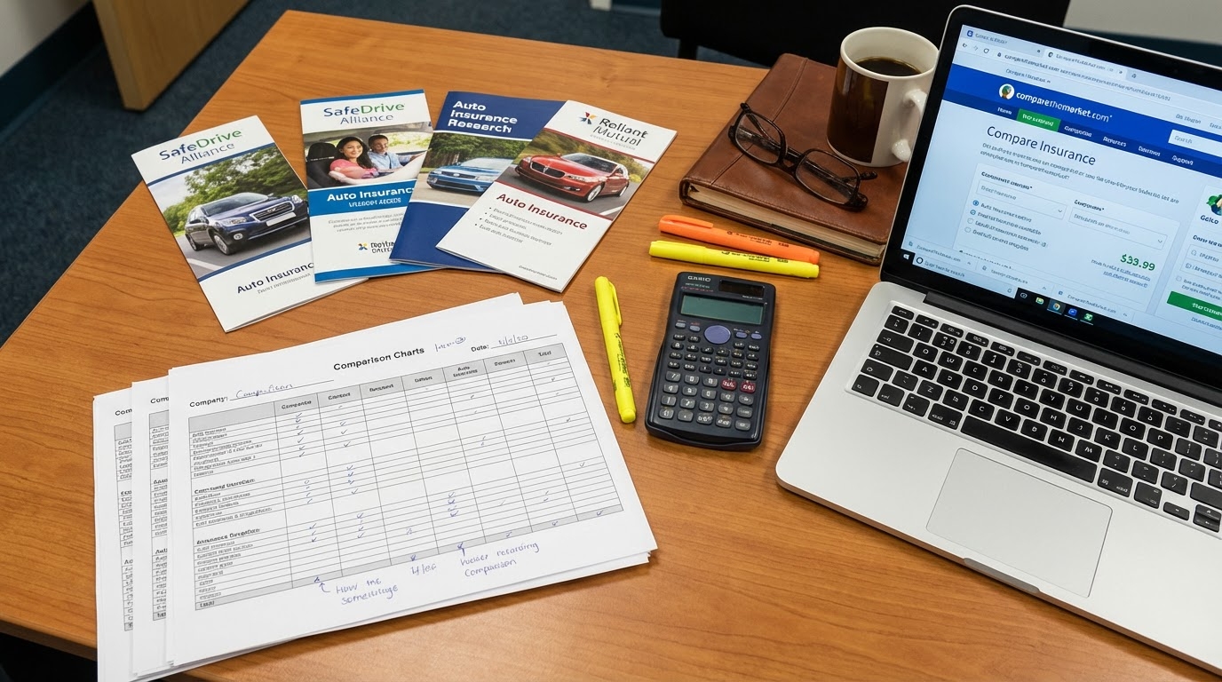 自動車保険比較資料、複数の保険パンフレット、比較表、電卓、ハイライトペン