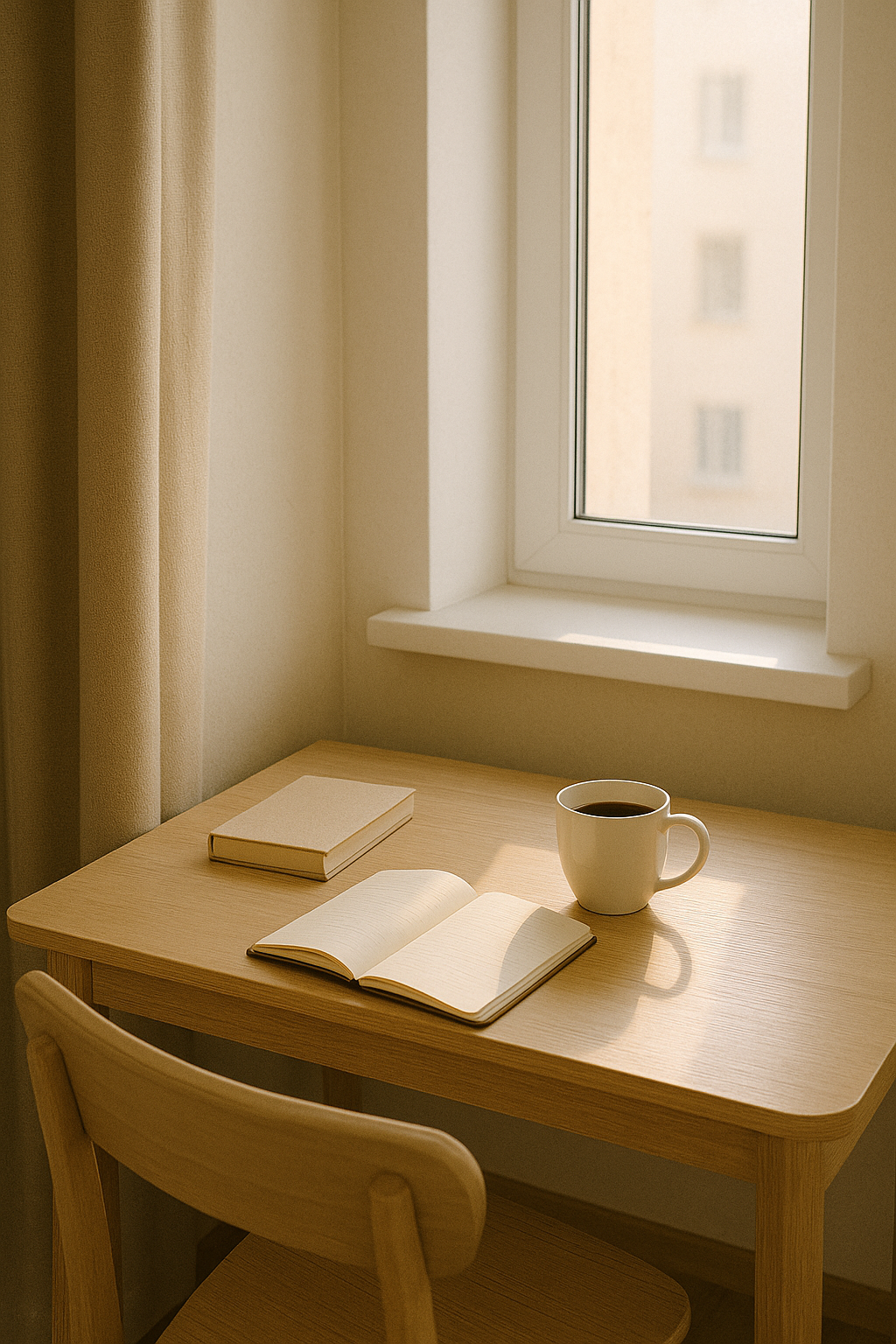 작은 창가 책상 위, 정돈된 공간과 커피 한잔, 햇살이 들어오는 조용한 아침 풍경
작은 책상, 햇빛, 정리된 공간, 고요한 분위기