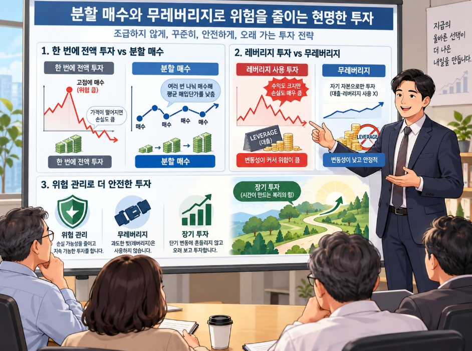 분할 매수와 무레버리지 원칙으로 위험을 줄이는 투자 설명 장면