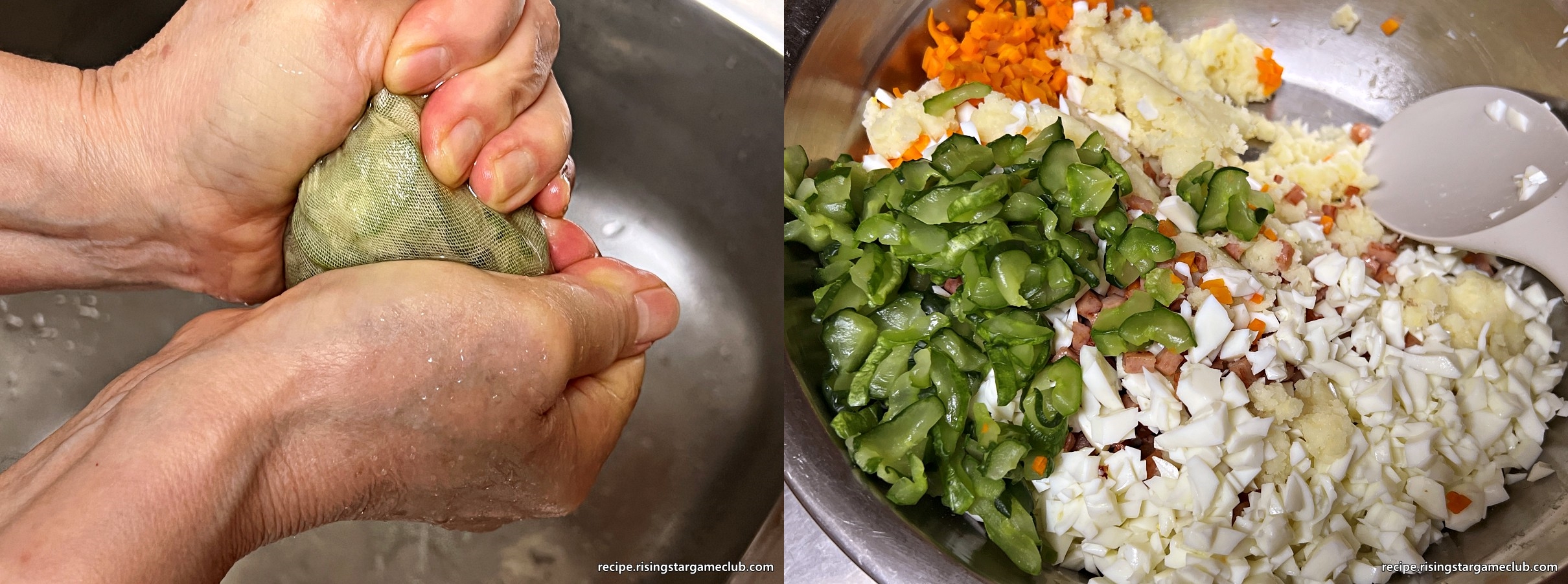 샐러드 빵 (사라다 빵)에 들어갈 으깬 감자에 절인 오이의 물기를 보자기로 짜서 넣어주는 사진