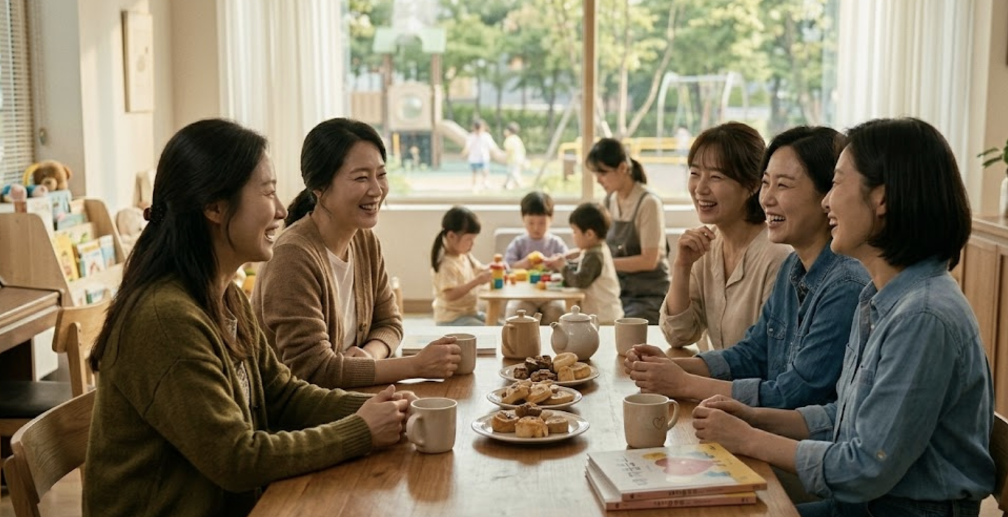 유치원 하원 후, 다섯 명의 엄마들이 키즈 카페나 가정집 거실 테이블에 앉아 차를 마시며 환하게 웃으며 대화하는 모습