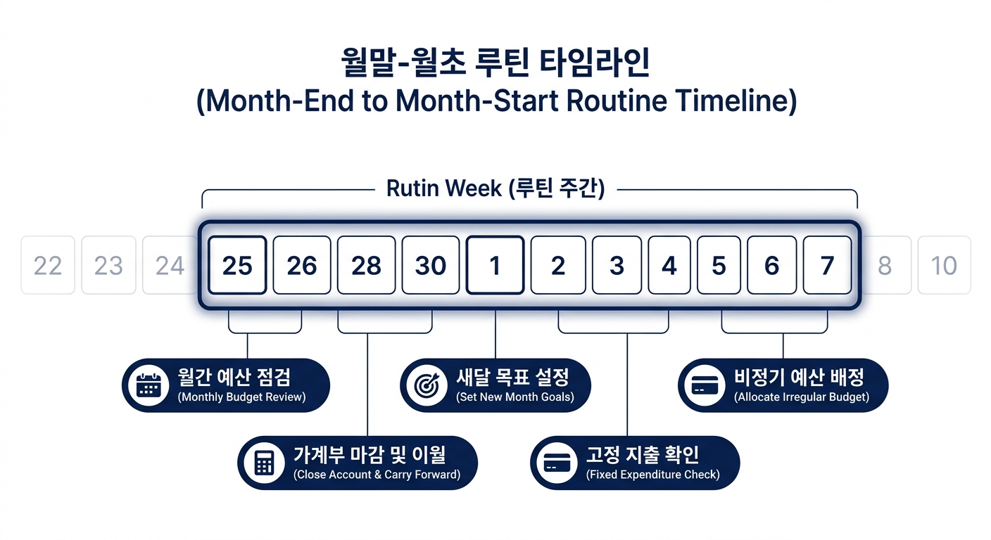 생활비 관리 루틴을 월말과 월초로 나눠 정리한 달력형 체크리스트 가이드