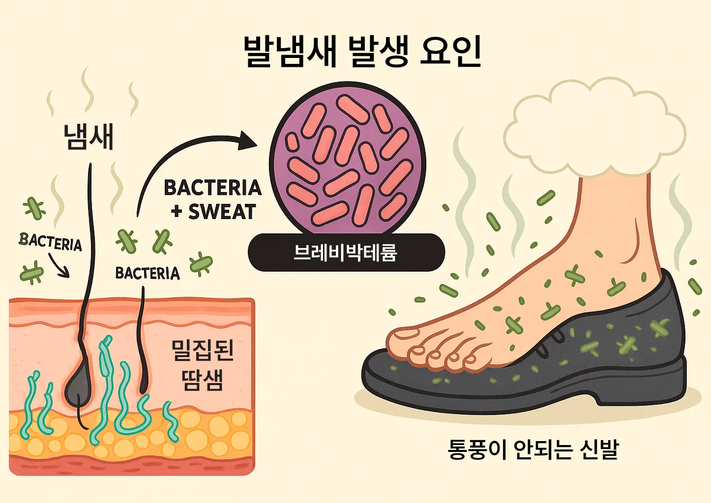 발 피부 단면에 땀샘 밀집 구조를 보여주는 의학 인포그래픽, 세균과 땀이 만나 악취를 만드는 과정, 브레비박테륨 세균 확대 이미지, 통풍이 안 되는 신발 속 발, 습기와 세균 번식 환경