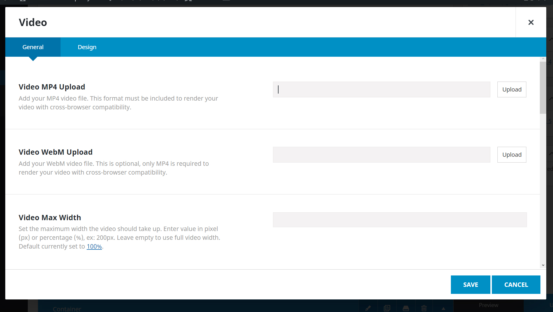 아바다 테마 Video 요소 설정 화면