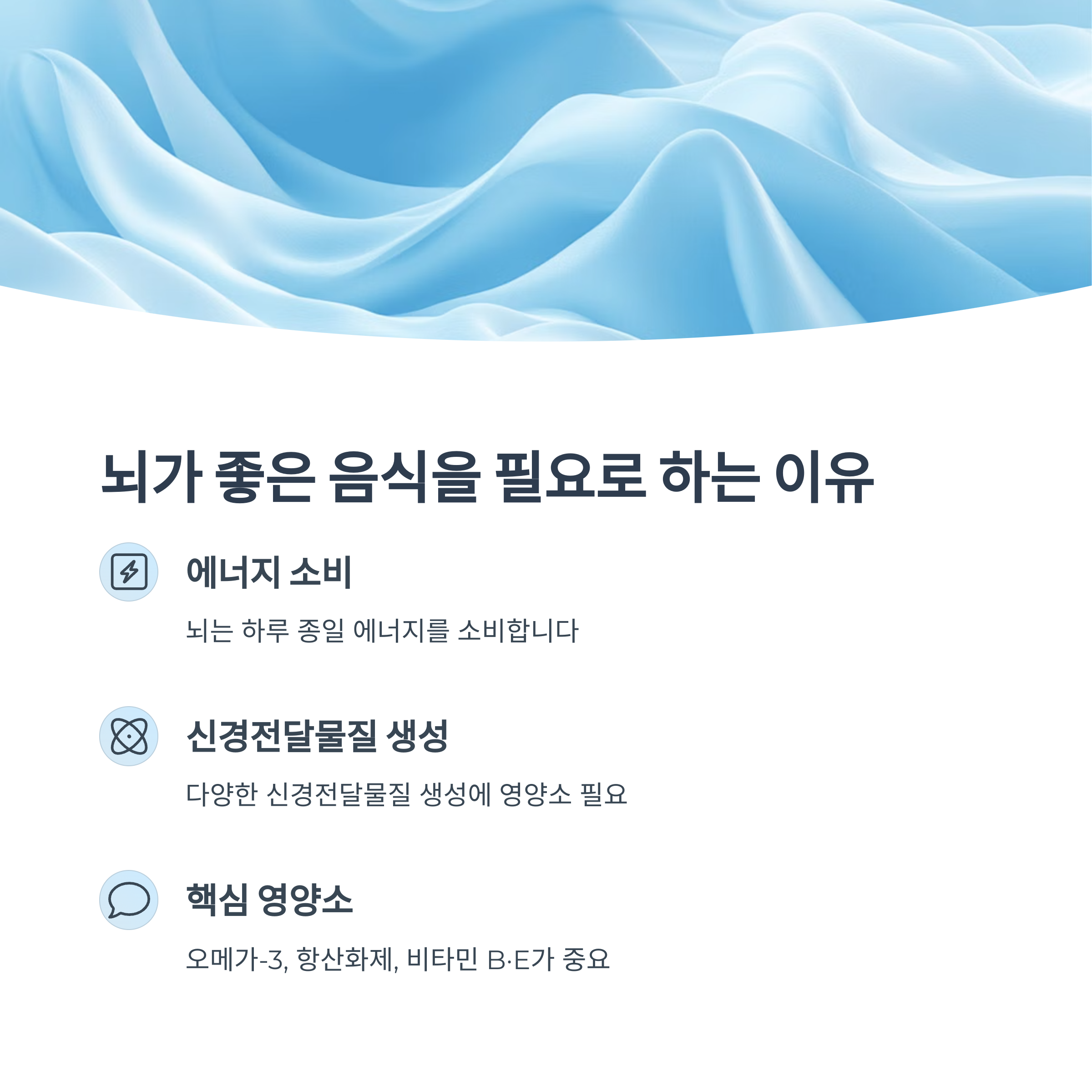 부드러운 파란 천을 배경으로 뇌가 좋은 음식을 필요로 하는 이유를 설명한 인포그래픽. 에너지 소비, 신경전달물질 생성, 오메가-3와 항산화제 등 핵심 영양소의 중요성이 강조됨.