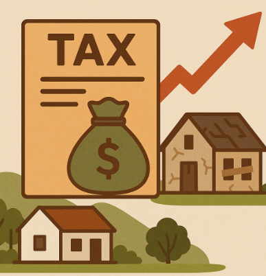 "농촌 빈집 이전 세금을 상징하는 일러스트, 세금 문서와 돈자루, 상승 화살표, 농촌 주택과 빈집이 함께 표현된 디자인"