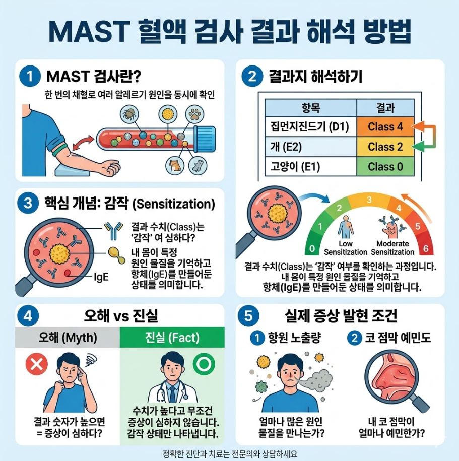 MAST 알레르기 혈액 검사 결과 해석 방법과 감작(Sensitization) 개념 설명 인포그래픽
