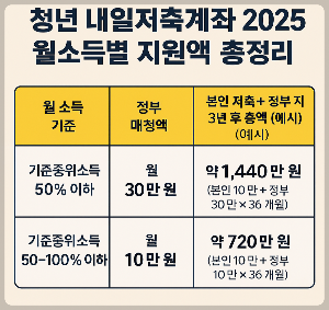 청년 내일저축계좌 2025 신청조건 ❘ 월소득별 지원액 총정리