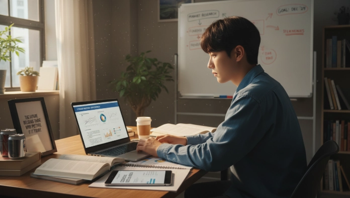 자격증 공부나 창업 계획서 작성에 몰두하며 미래를 준비하는 청년의 모습