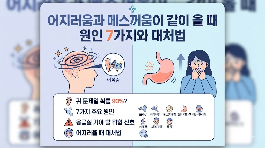 어지러움과 메스꺼움 동반 원인 7가지 및 이석증 증상 비교 인포그래픽
