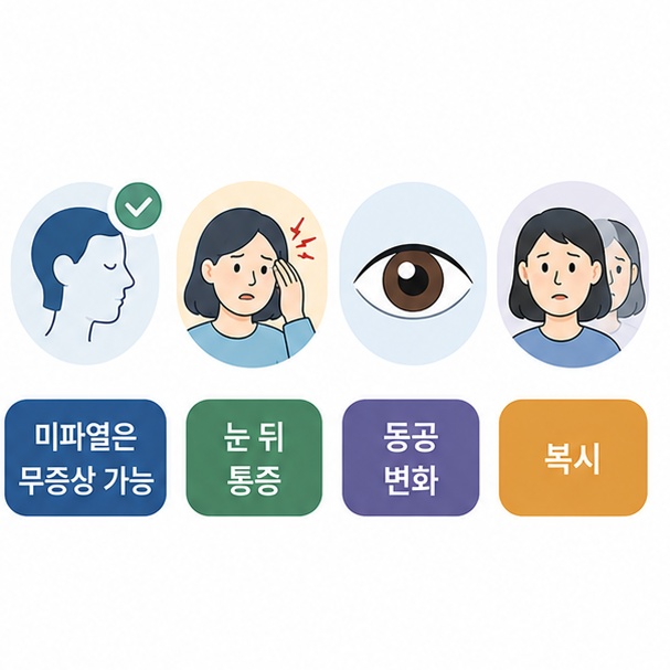 미파열 뇌동맥류는 증상이 없을 수 있으며 커지면 눈 뒤 통증과 동공 변화, 복시가 나타날 수 있음을 보여주는 그림