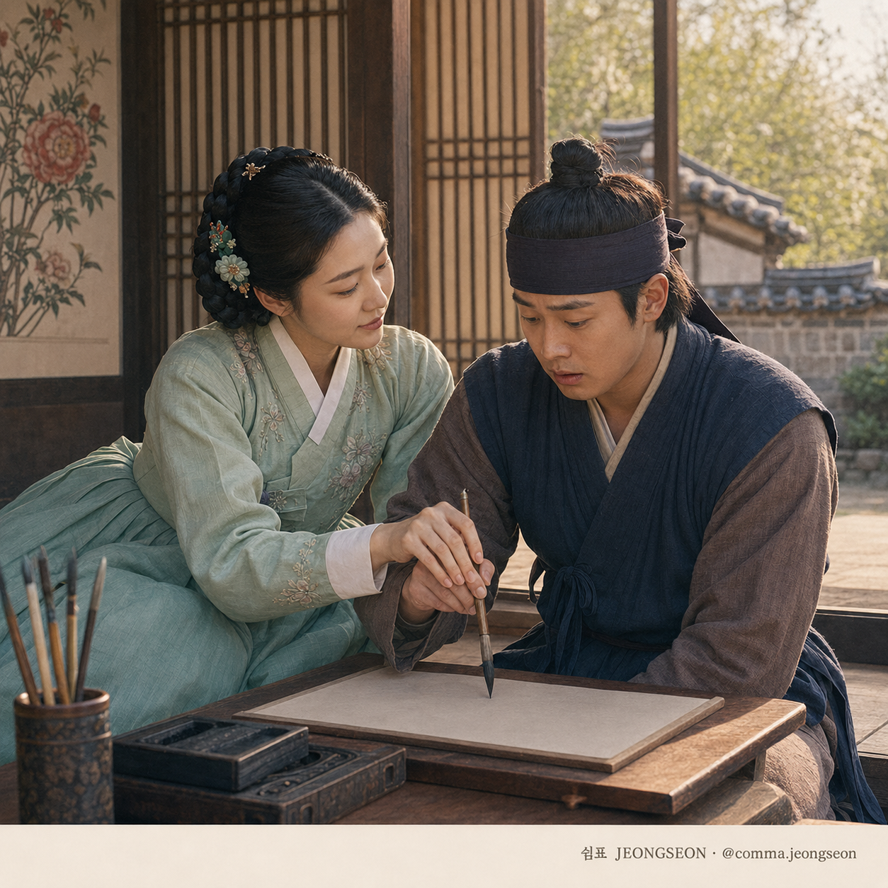 한옥 툇마루에서 마님이 붓을 쥔 윤겸의 손등 위에 손을 가볍게 얹어 자세를 바로잡아주고, 윤겸이 긴장한 표정으로 빈 한지를 바라보는 장면