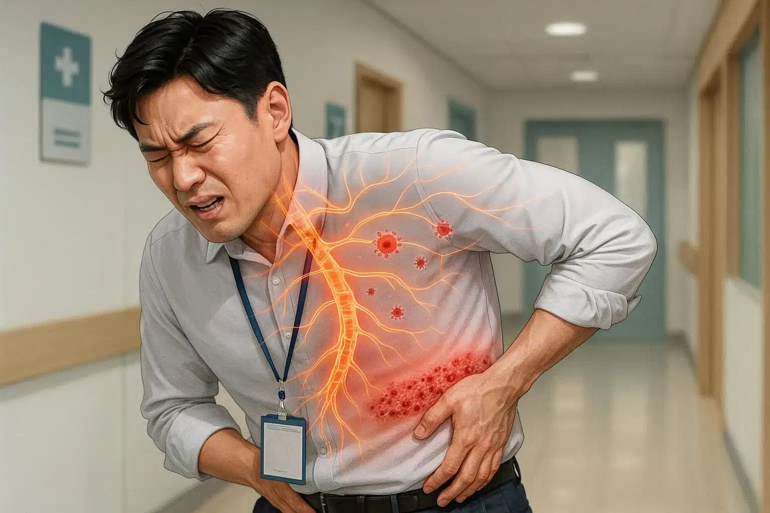 신경을 따라 퍼지는 바이러스 일러스트, 한쪽 옆구리에 띠 모양의 작은 수포, 젊은 직장인이 옆구리를 잡고 고통스러워하는 장면