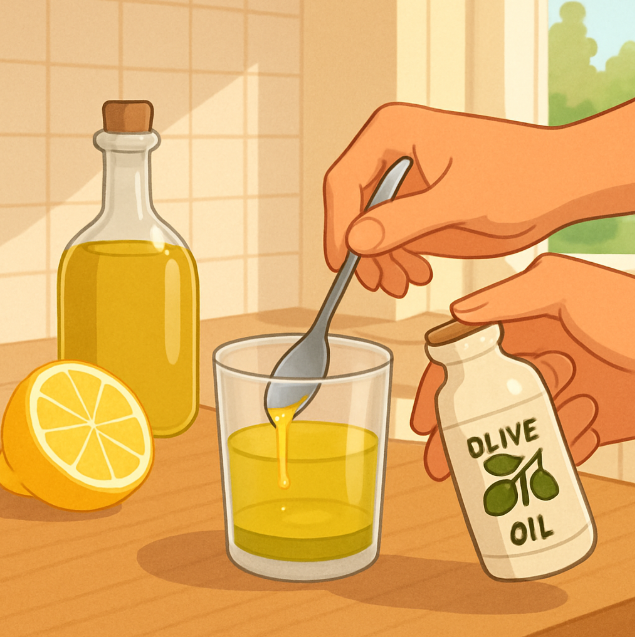 아침 햇살이 들어오는 부엌에서 유리컵에 레몬즙과 올리브유를 섞는 장면