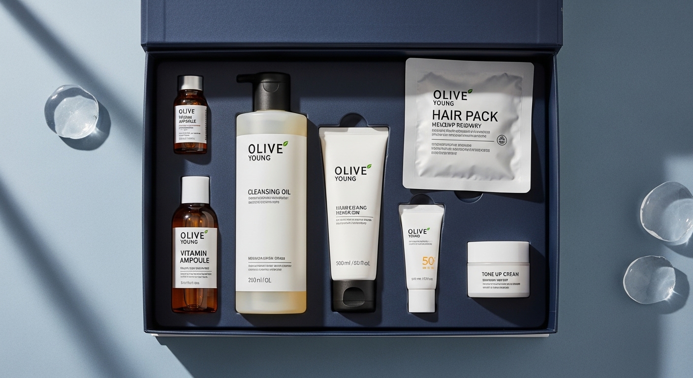 2025년 올리브영 블프라이즈 3만원 박스 개봉 모습. 비타민 앰플, 클렌징 오일 등 정품 사이즈의 인기 뷰티 제품들이 보인다.