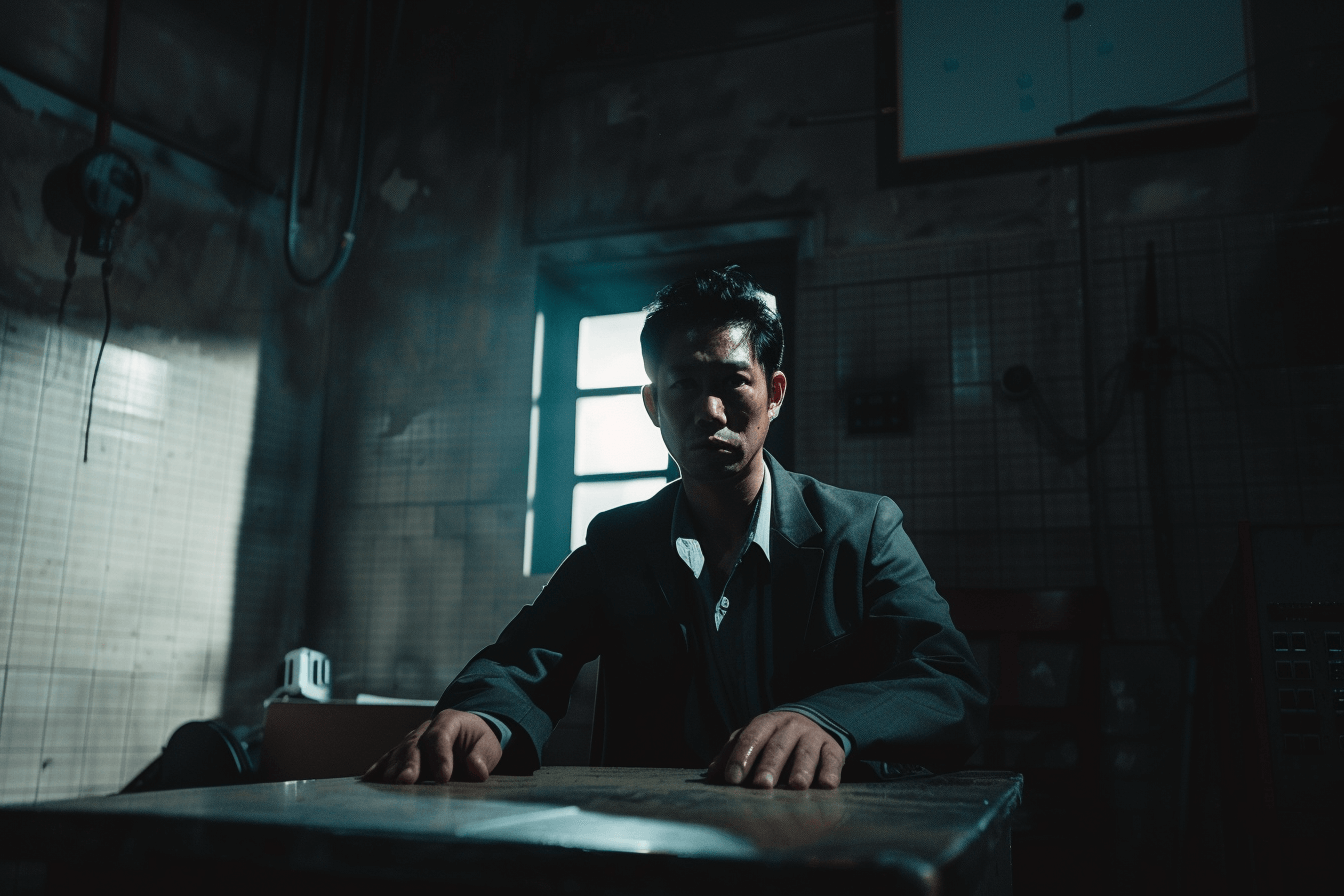 어두운-취조실에-앉아있는-남자-이미지