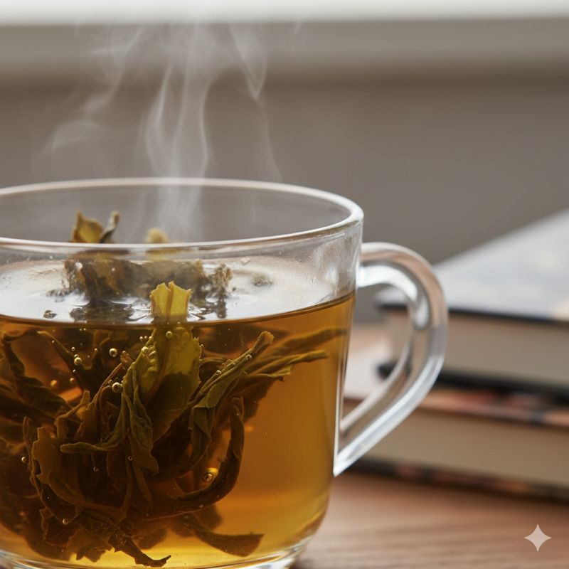 뜨거운 물 안에서 찻잎이 서서히 퍼지는 클로즈업 사진