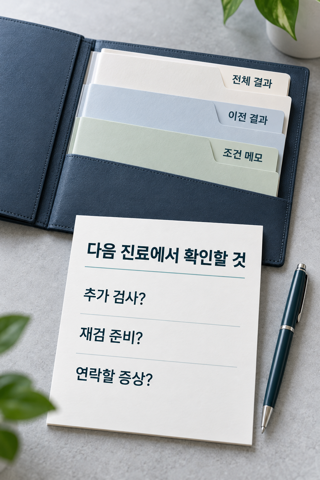 전체 결과&middot;이전 결과&middot;조건 메모 제목이 붙은 서류지갑과 추가검사&middot;재검 준비&middot;연락할 증상 질문지