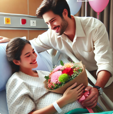 출산한 아내에게 꽃 선물을 하고 있는 신랑의 모습 관련 사진