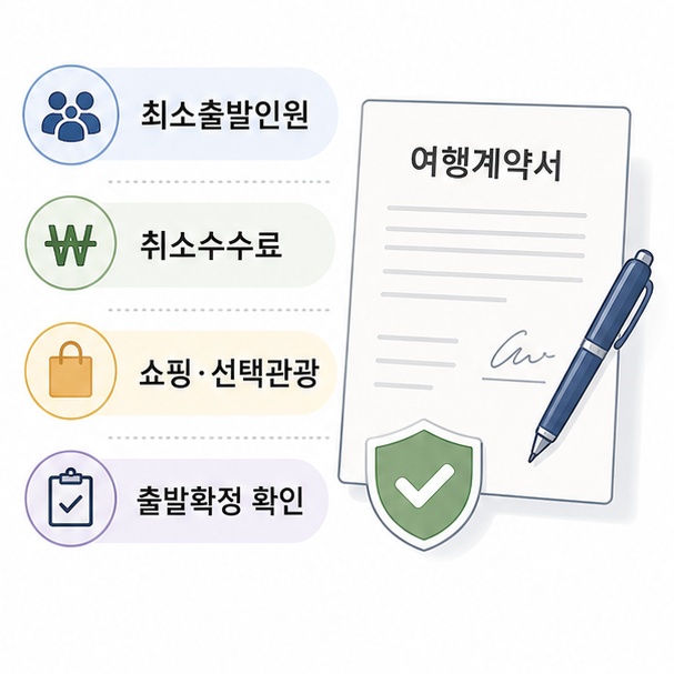 땡처리 해외여행 예약 전 최소출발인원, 취소수수료, 쇼핑, 선택관광, 출발확정을 확인하는 이미지