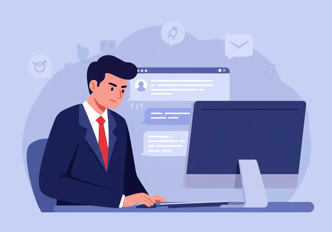 회사원이 몰래 다른 사람 메신저 기록을 열람하는 플랫 스타일 일러스트