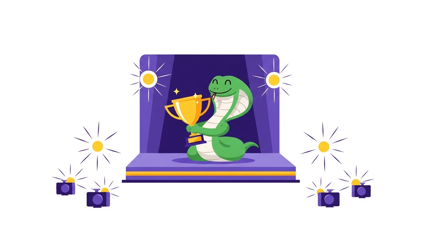 무대 위에서 트로피를 받고 카메라 플래시 세례를 받으며 성공을 만끽하는 뱀 캐릭터 일러스트