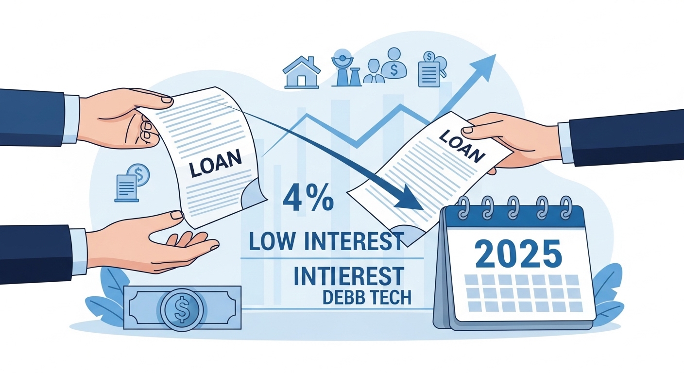 2025년 저금리 시대에 대출 서류를 교환하며 이자를 절감하는 모습을 상징하는 일러스트. 안정적인 금융 관리와 현명한 빚테크를 표현합니다.
