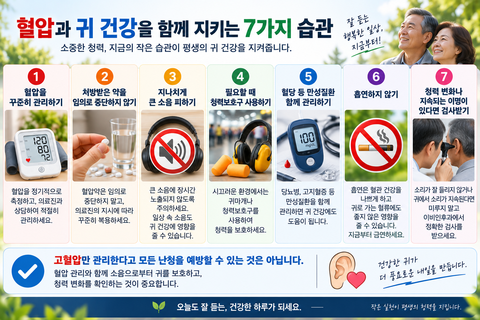 소음 회피와 청력보호구 사용 및 진료 상담을 안내한 일반 관리 그림