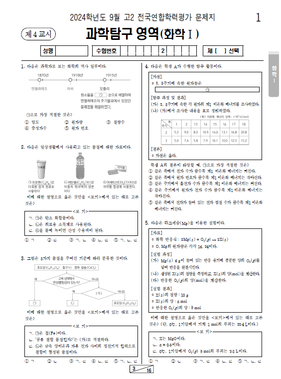 2024-9월-고2-모의고사-화학 1-기출문제-다운