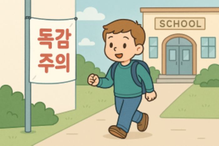 학교로 등교하는 초등학생 아이가 '독감 주의'라고 적힌 현수막 앞을 지나가는 모습을 그린 일러스트. 예방접종 및 감염병 예방 안내에 활용 가능.