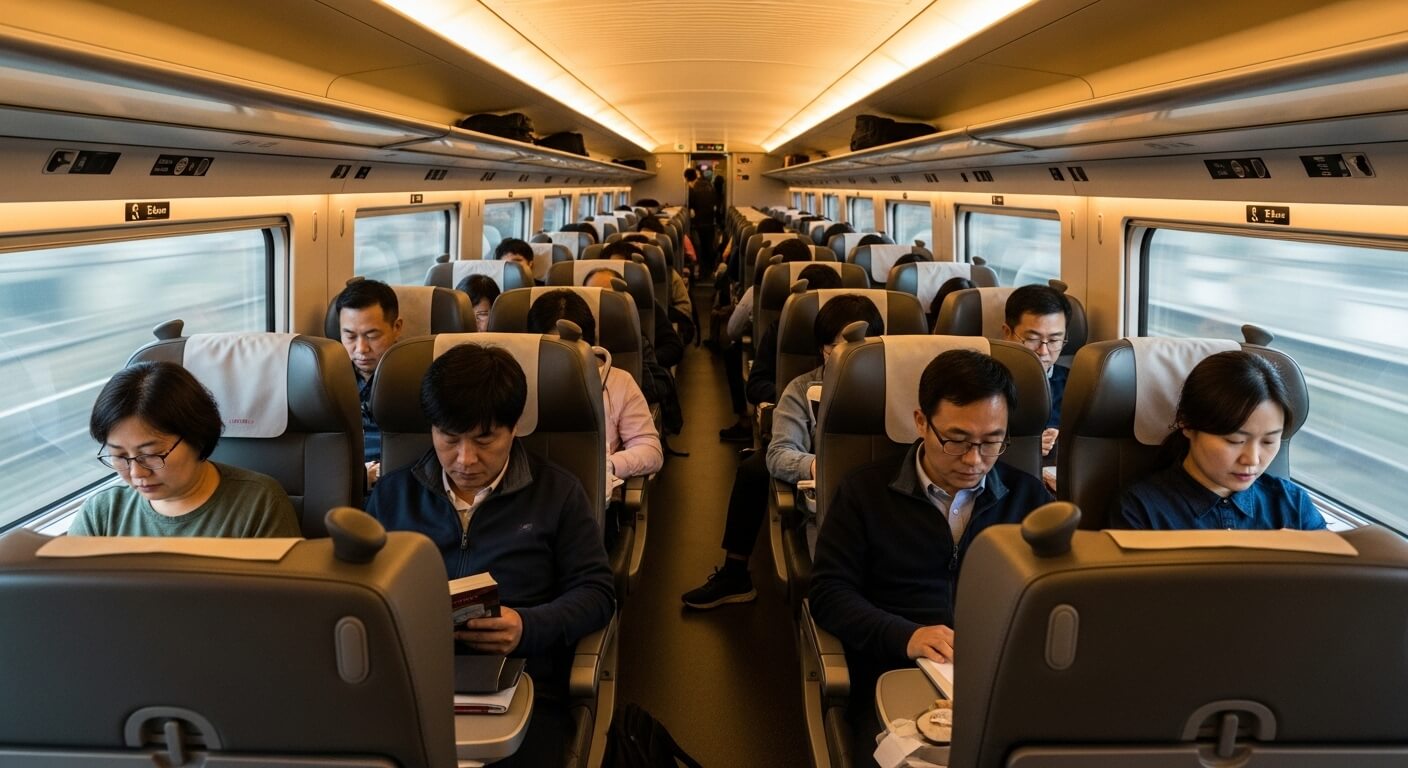 KTX 내부, 창가에 앉아 책을 읽거나 휴대폰을 보는 승객들