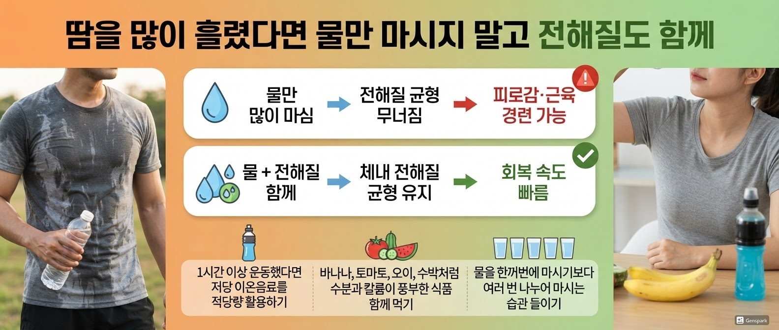 땀을 많이 흘렸다면 물만 마시지 말고 전해질도 함께