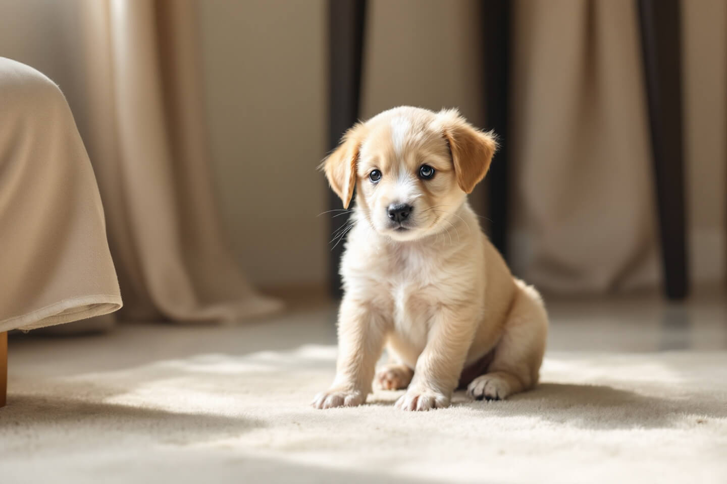 puppy exploring new home environment cautiously
