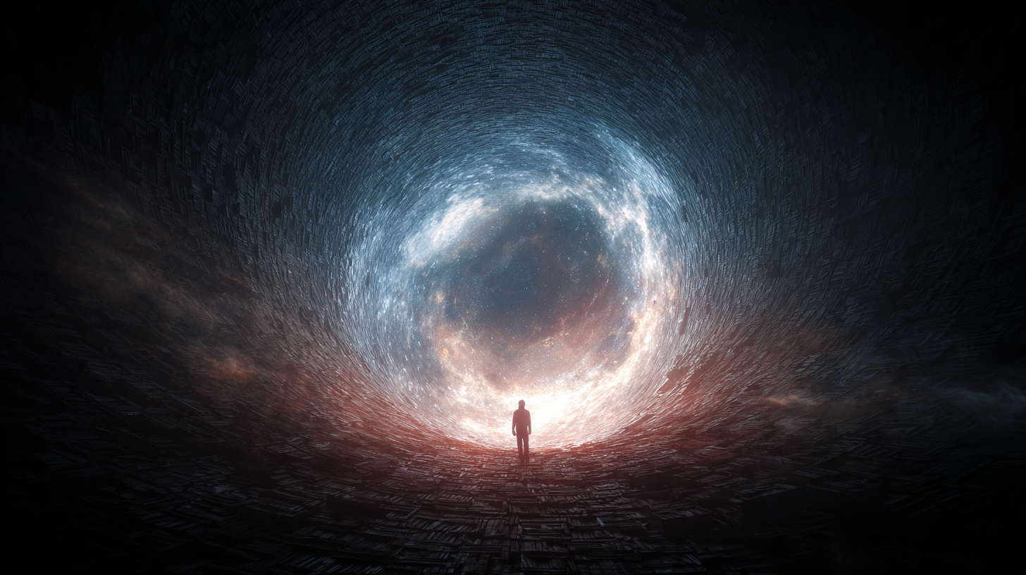 우주공간에 사람이 서있는 장면