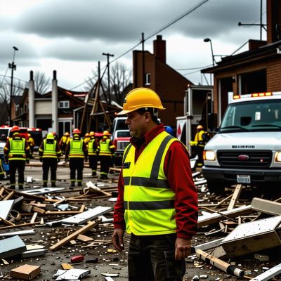 방재전문가가 재난 현장에서 재난복구활동을 하고 있다.