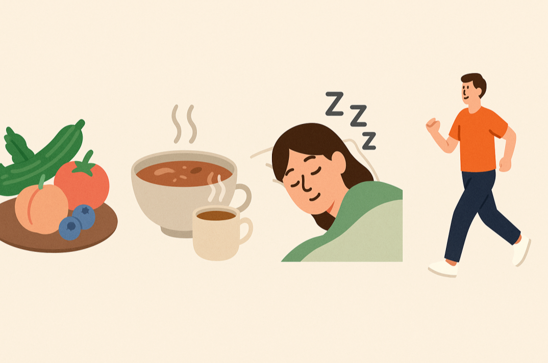 비타민이 풍부한 채소와 과일, 따뜻한 음식, 충분한 수면, 가벼운 운동으로 면역력을 높이는 건강 습관을 보여주는 일러스트