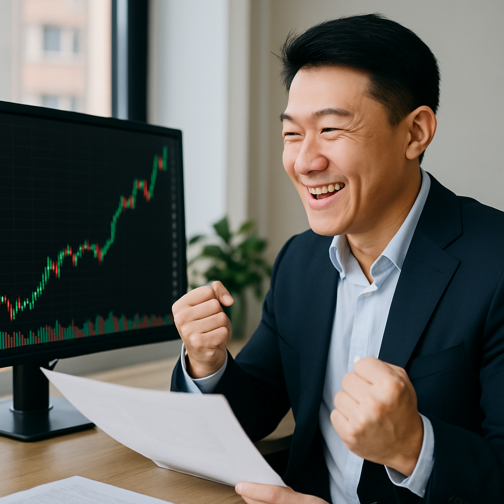 주식 차트 보면 미소 짓는 투자자