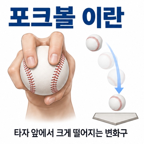 야구공을 검지와 중지 사이에 깊게 끼운 손과 낙하 궤적을 배경으로 포크볼 이란이라는 글자가 중앙에 놓인 야구 구종 인포그래픽