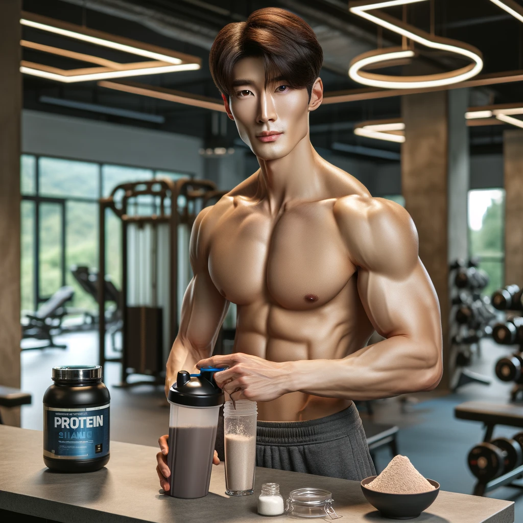 "헬스장에서 단백질 쉐이크를 섞고 있는 핸섬한 한국인 운동선수. 단백질 파우더, 쉐이커, 스쿱이 근처에 놓여 있으며, 피트니스 및 영양 보충을 위한 건강한 라이프스타일을 강조. 근육 증가, 체지방 감소, 헬스 보충제 추천, 고단백 식단, 운동 후 단백질 섭취의 중요성을 보여주는 장면."
