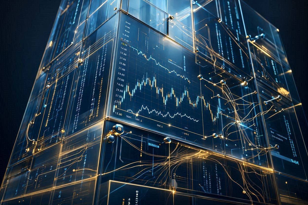 A futuristic financial infographic depicting a complex digital algorithm and neural network processing stock index data, representing the computational and algorithmic nature of modern financial markets