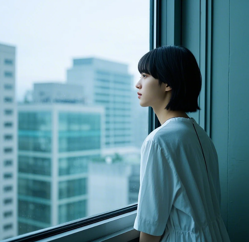 창밖을 바라보고 있는 단발머리 여성