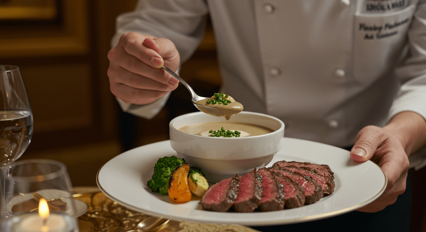 한국인 쉐프가 웨딩홀에서 수프와 스테이크를 서빙하는 장면 2
