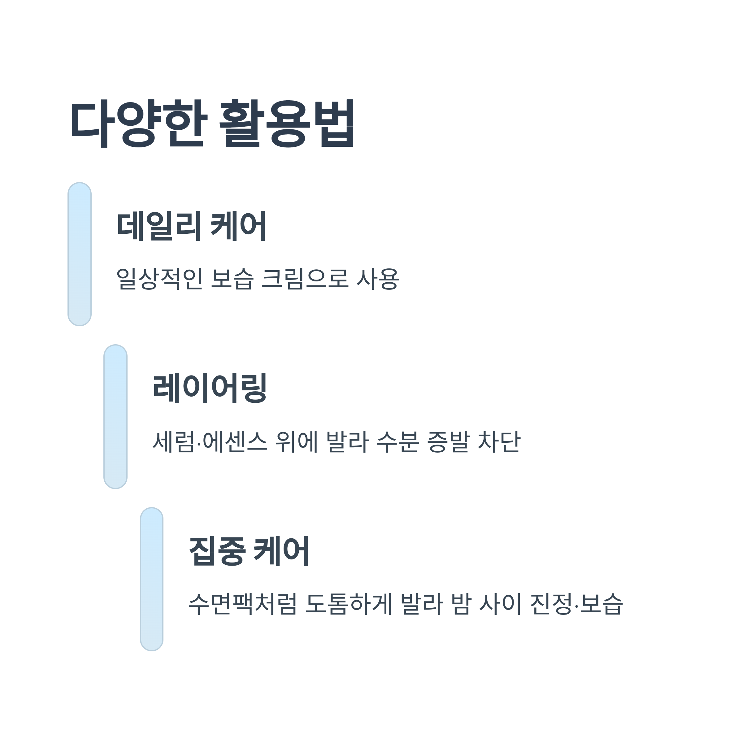 다양한 활용법

데일리 케어

일상적인 보습 크림으로 사용

레이어링

세럼&middot;에센스 위에 발라 수분 증발 차단

집중 케어

수면팩처럼 도톰하게 발라 밤 사이 진정&middot;보습