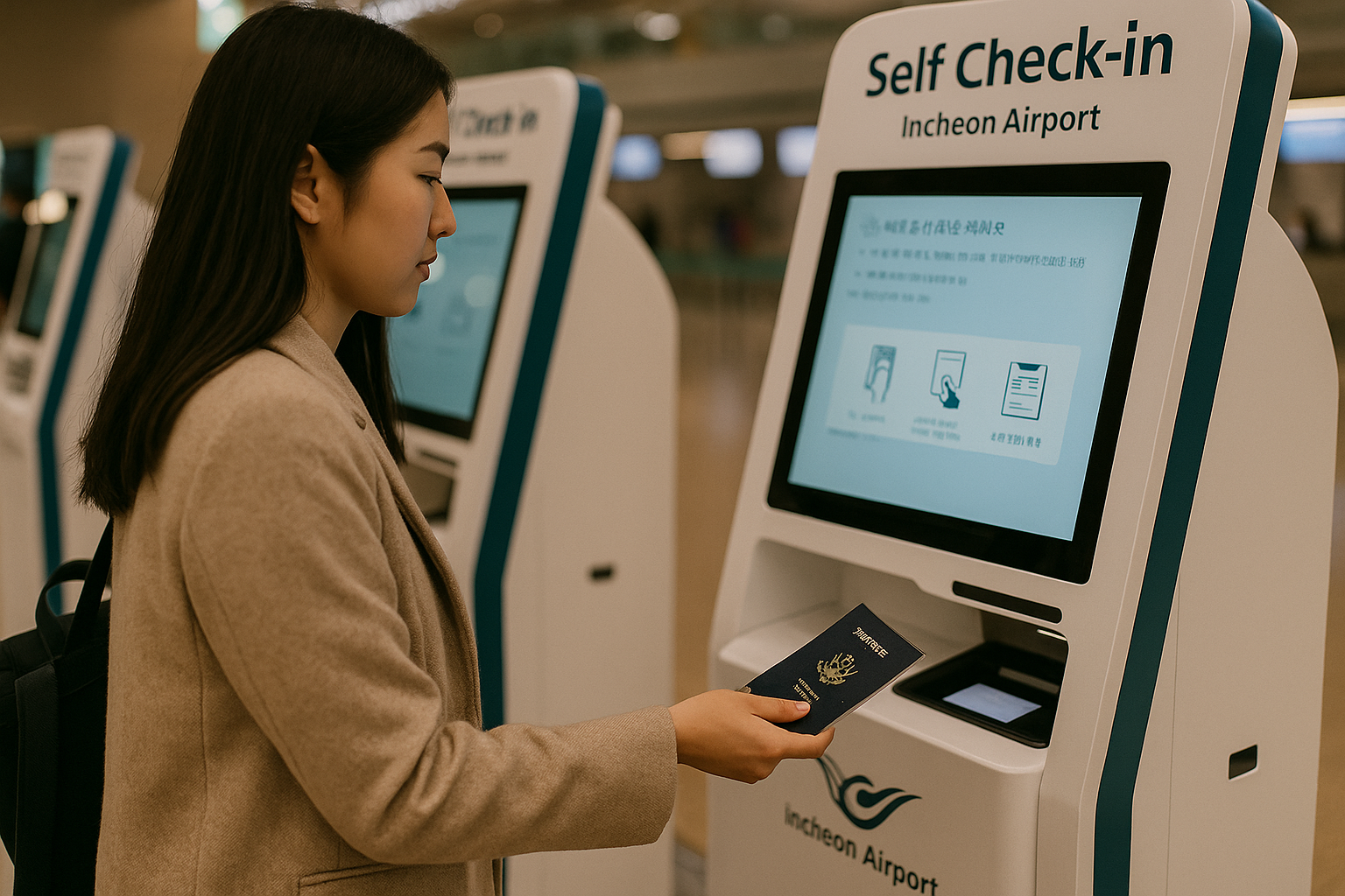 인천공항에서 셀프 체크인을 위해 여권을 스캔하는 장면