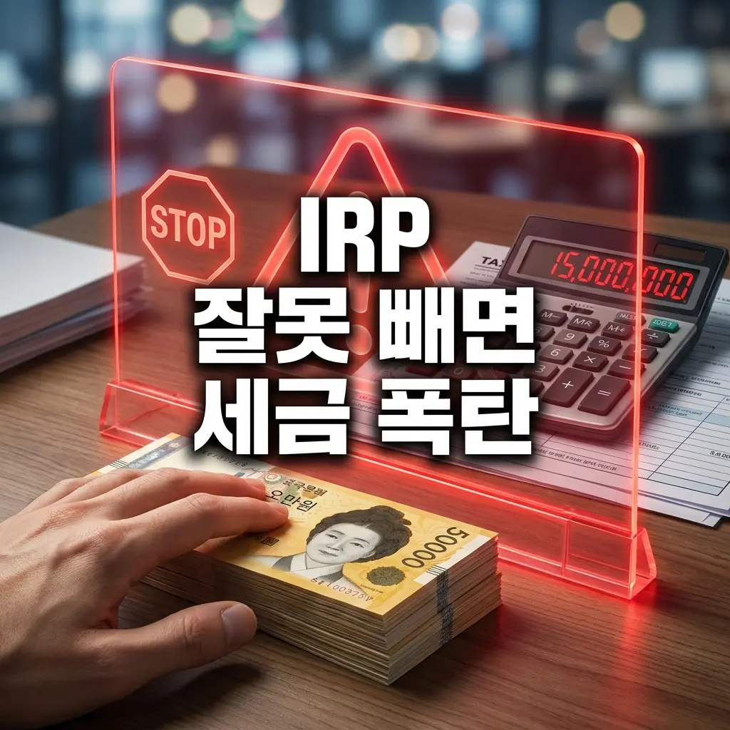 5만 원권 지폐 다발에 손을 뻗는 모습 뒤로 15,000,000원이 찍힌 계산기와 세금 서류가 놓여 있는 썸네일 이미지. 붉은색 STOP 경고등 그래픽과 함께 'IRP 잘못 빼면 세금 폭탄'이라는 굵은 흰색 텍스트가 중앙에 배치되어 있어, 사적연금 연 1,500만 원 초과 인출 시 발생하는 세금 문제를 시각적으로 경고하고 있습니다.
